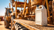 © Oleksandr - Fluid container beside heavy machinery. Close up shot with container sitting on rusty metal surface. Large machinery parts and tires in the background.