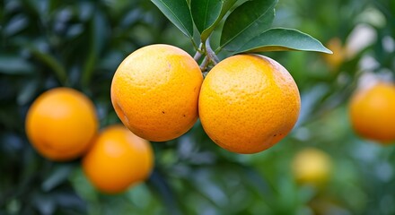vibrant ripe oranges hanging on a tree branch in a sunny orchard