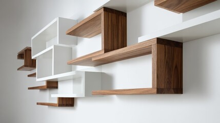 Modern Floating Wall Shelves with Intersecting White and Wooden Cubes for Stylish Interior Design