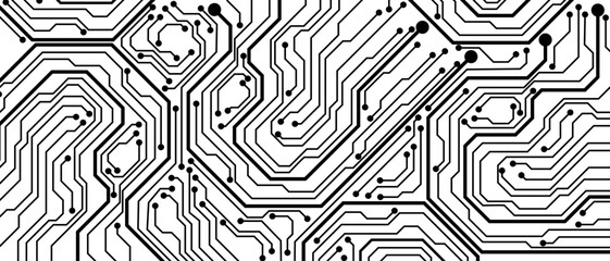 Abstract black circuit board technology connected lines electronics elements computer motherboard chip processor semiconductor digital on white background vector