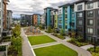 © Generative AI - Modern Apartment Complex with Vibrant Facades, Lush Green Space, and Contemporary Design in a Suburban Setting