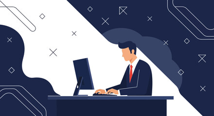 Businessman working on computer vector illustration of working at the office business concept