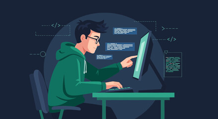 Code Engineer Working Intently on Computer, Pointing With Focused Concentration