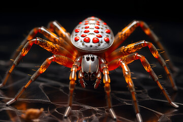 Brightly colored spider resting on a web showcasing intricate details in a dark environment