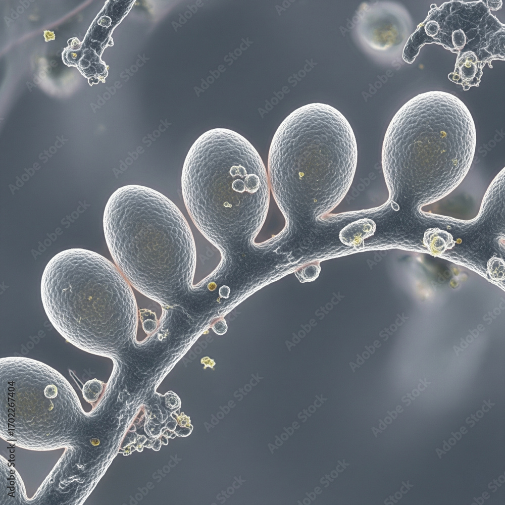 Fungal Spore Chain Formation Highly detailed microscopic depiction of
