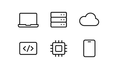 Minimalistic technology icons set featuring laptop, server, cloud, code, processor, and smartphone