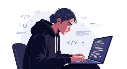 Dedicated Young Woman Coding Software Using Laptop Working On A Digital Project