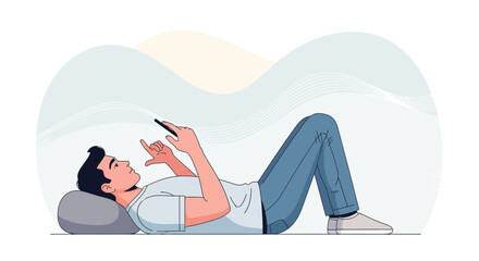 Illustration of a man lying down and using a smartphone in a relaxed pose