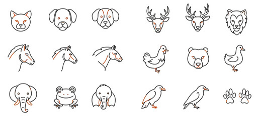 Naklejka na meble Line art animal icons: dogs, cats, deer, horses, birds, elephants, frog, paws.