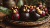 A close up shot of a pile of mangosteens on a decorative plate with a leaf and a blurred background