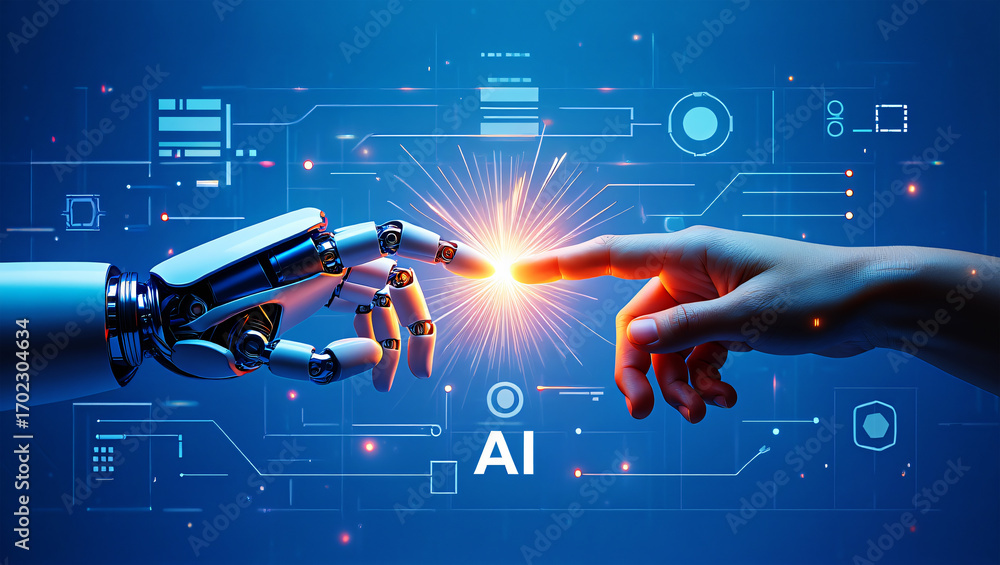 Robot hand and human finger touching with glowing light and AI ...