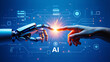 © NUR - Robot hand and human finger touching with glowing light and AI interface artificial intelligence technology