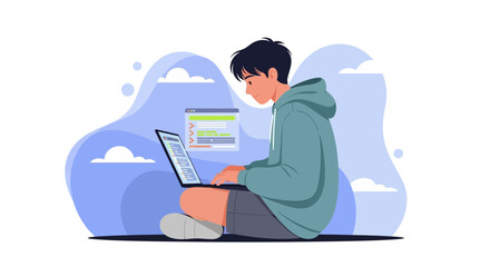 Illustration of a young man working on a laptop sitting cross-legged, coding or studying