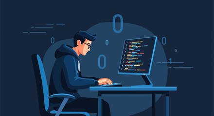 Illustrative vector of a coder working on programming on a computer at a desk