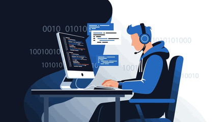 Programmer coding with binary code illustration of computer technology and development