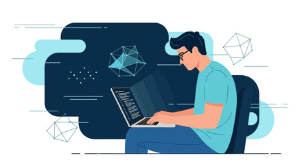 Programming Professional Working On Futuristic Tech With Data Visuals And Coding Screen