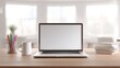 © Generative AI - Modern Workspace Featuring Laptop, Mug, and Books on a Wooden Desk with Natural Light