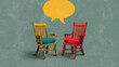 © Taiwo - Two empty armchairs facing each other with a speech bubble above for communication or discussion. Non violent communication. Discussion group interaction, dialogue.  persuasive lack of communication