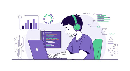 Young Developer Coding With Computer, Software, Network, And Data Visualization Design