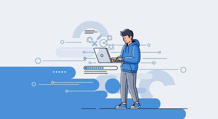 Wall Mural - Young Man Coding on Laptop with Digital Elements and Progress Bar Visualizations