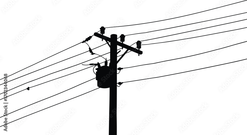 Utility pole with electrical transformer and overhead power lines, urban energy distribution network, electrical infrastructure, city power supply, transmission cables,