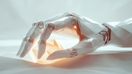 Robotic hand manipulating crystal, abstract background, futuristic scene, potential for technology use