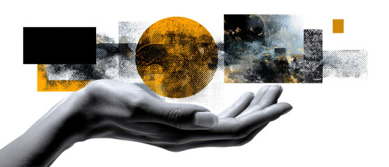 Hand Holding Floating Halftone Elements in Creative Collage Design Isolate on Transparent Background, cutout, png