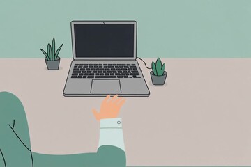 Minimalist illustration of a person's hand reaching for a laptop on a modern desk, representing a digital workspace concept with plants