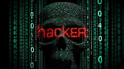 hacker screen red skull made from numbers with green binary code with text 
