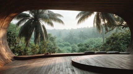 Wall Mural - Tropical Retreat Interior Overlooking Lush Palm Trees and Dense Forest Canopy on a Sunny Day