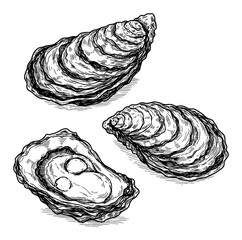 Wall Mural - three oysters from different angles collection set black and white outline line art drawing