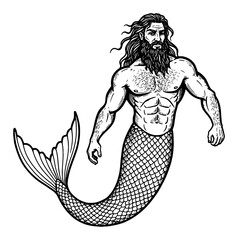Wall Mural - muscular merman man with beard and long hair full body shot black and white outline line art drawing