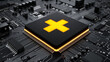 © Oatkhaphon - Health cross symbol on digital board, glowing on black microchip, technology and innovation concept, modern electronic circuit