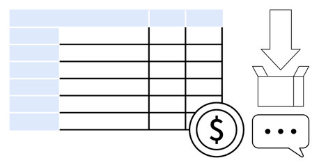 Table layout with dollar sign icon, downward arrow, open box, and chat bubble. Ideal for finance, data analysis, ecommerce, inventory, communication logistics minimal flat design metaphor