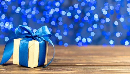 Gift box on wooden table with blue bokeh lights