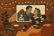 © Halina Berah - Warm family movie night illustration with vintage film projection, cozy blankets, string lights, and popcorn in a comfortable home setting
