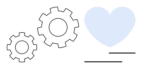 Two gear outlines next to a soft blue heart evoke integration of technology and emotions. Ideal for teamwork, innovation, balance, empathy, automation, productivity, connection. Flat simple metaphor