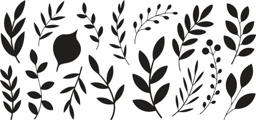 Branch Twig Leaves Black Silhouette Nature Plant Tree Foliage Icon Decoration Symbol.