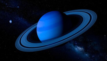 A distant, majestic blue giant with prominent ring system, and small moons, set against a starry backdrop