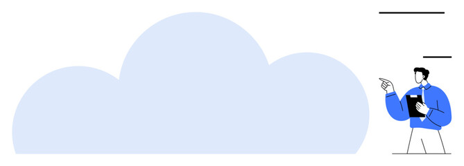 Wall Mural - Man holding clipboard pointing at a large blue cloud, symbolizing data storage, teamwork, network, innovation, strategy, future planning, and communication. Ideal for tech and digitalization flat