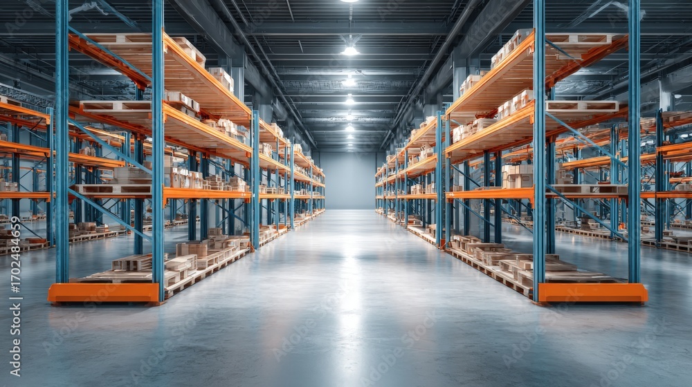 Warehouse Interior with Shelves and Pallets, Logistics and Distribution ...