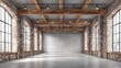 © Generative AI - Spacious Industrial Loft Interior with Brick Walls, Concrete Floor, Exposed Beams, and Natural Light