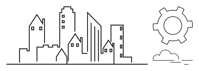 Wall Mural - Outline of tall and small buildings, gear for innovation, minimalistic style. Ideal for urban development, architecture, technology, engineering, planning, teamwork progress simple landing page