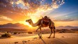 © Dian - A camel walks across desert sand dunes during a vibrant sunrise, with mountains in the background