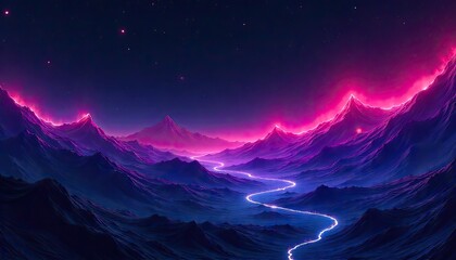 Mystical neon river flows through vibrant purple mountains under a starry cosmic sky
