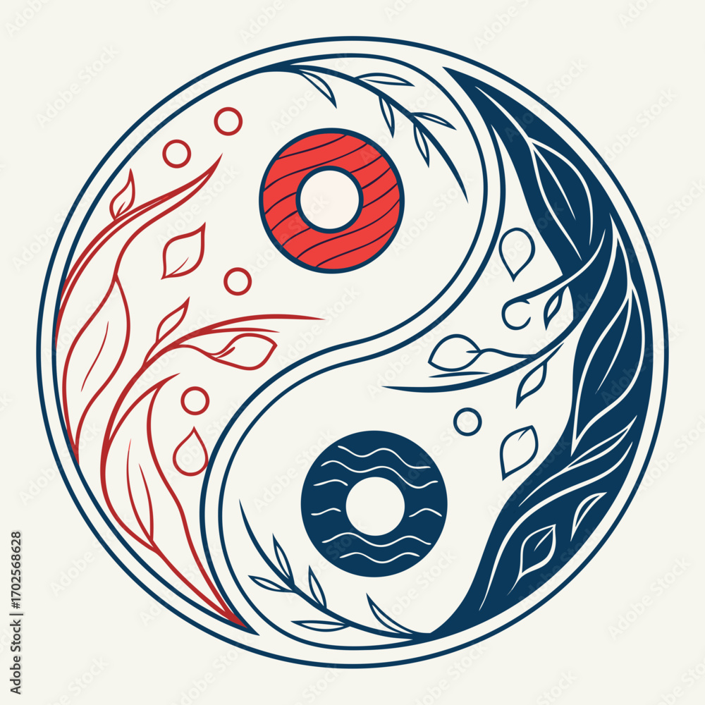 Yin yang symbol with floral elements in red and blue color scheme Stock ...