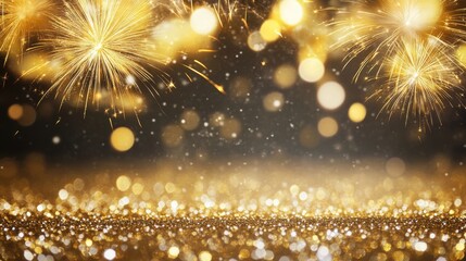 Golden fireworks exploding in the night sky over a sparkling glitter ground, celebration and festive event background