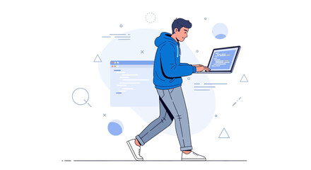 Young Coder Walking, Engrossed in Coding on A Laptop, Illustrative, Vector Graphic