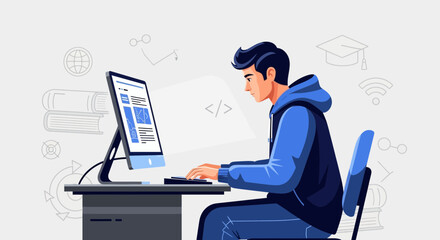 Young Developer Concentrating on Coding at Desk, Creating Interactive Web Pages Efficiently
