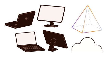 Laptops, desktop monitors, geometric pyramid, and a cloud symbolizing tech, innovation, and remote access. Ideal for technology, data storage, cloud computing innovation geometry visualization